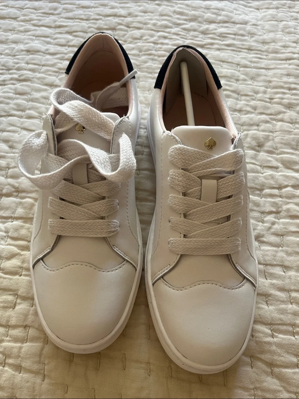 kate spade white leather sneakers with black heel detail